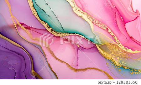 Elegant marble ink background with vibrant colors and delicate gold accents 129381650