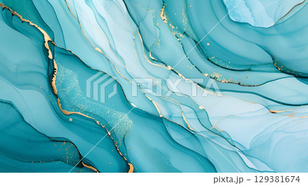 Elegant marble ink background with fluid patterns and golden accents in various shades of blue 129381674