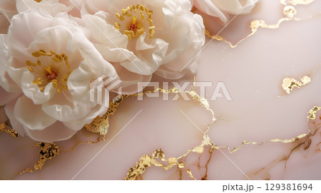 Soft pink marble ink background with white flowers and gold accents for elegant decor ideas 129381694