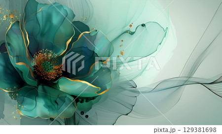 Elegant turquoise marble ink flower artwork with delicate gold accents and soft flowing lines 129381698