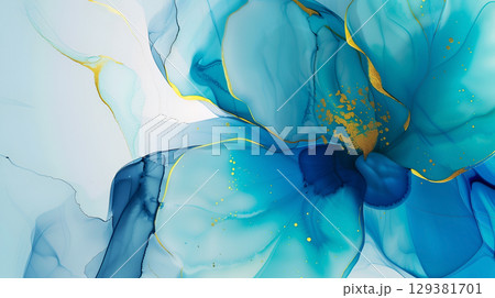 Elegant blue floral design featuring marble ink background in tranquil and soothing hues 129381701