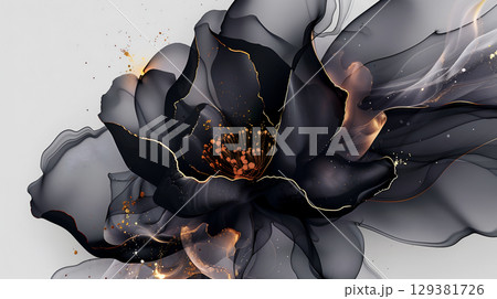 Elegant black and gold marble ink flower design on a soft gray background 129381726