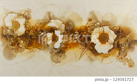 Elegant floral abstract art featuring marble ink background with warm earthy tones and textures 129381727