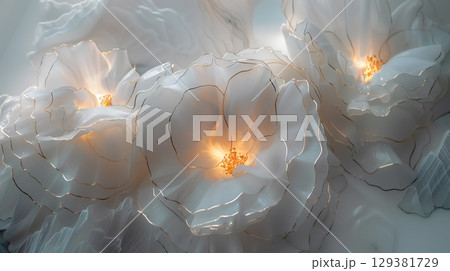 Elegant white flowers illuminated against a soft marble ink background 129381729