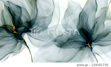 Elegant translucent floral design with a marble ink background showcasing soft hues 129381730