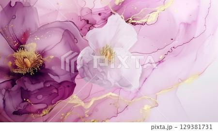 Elegant purple and white flowers on a delicate marble ink background with golden accents 129381731