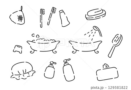 かわいい手書き風のお風呂素材セット かわいい手書き風のお風呂素材セット 129381822