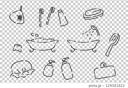 かわいい手書き風のお風呂素材セット かわいい手書き風のお風呂素材セット 129381822