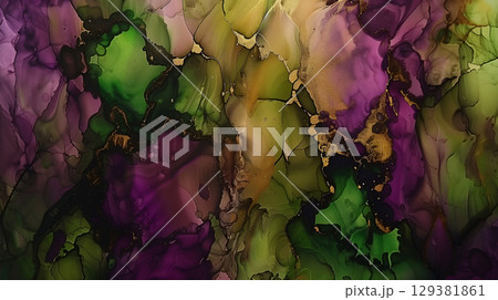 Vibrant marble ink background featuring swirling patterns of green, purple, and gold accents 129381861