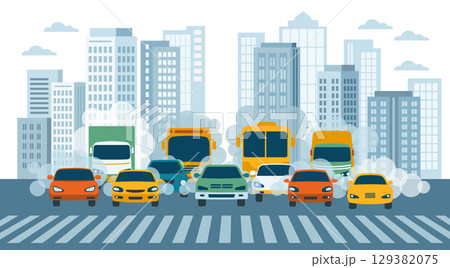 Concept of heavy urban traffic and air pollution. Vector of cars on highway with carbon dioxide clouds 129382075
