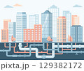 Underground pipelines. City engineering network. Gas pipes, water supply, sewerage, electrical networks. Vector illustration 129382172