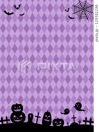 かぼちゃや墓や蝙蝠のシルエットのかわいいハロウィン背景イラスト(紫色) かぼちゃや墓や蝙蝠のシルエットのかわいいハロウィン背景イラスト(紫色) 129382286