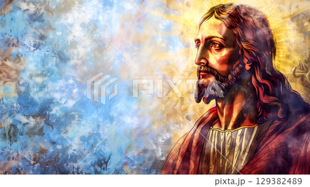 A serene portrait of Jesus Christ in vibrant colors, symbolizing faith and devotion 129382489