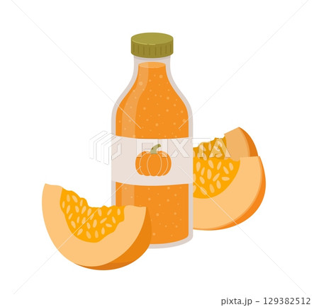 Jar with pumpkin smoothie isolated on white background. Vector illustration of healthy vegetable drink. Autumn seasonal products. Vegan eating. Jar with pumpkin smoothie isolated on white background. Vector illustration of healthy vegetable drink. Autumn seasonal products. Vegan eating. 129382512