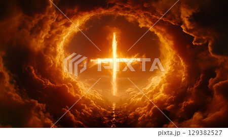 A glowing cross against a dramatic sky symbolizes hope and resurrection in Christianity 129382527