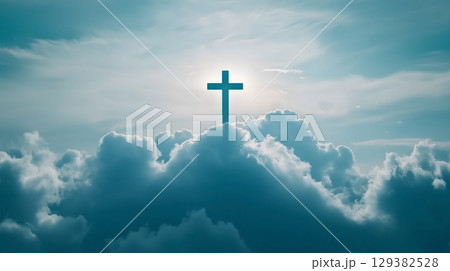 A glowing cross emerges from soft clouds under a radiant sky, symbolizing resurrection and faith 129382528