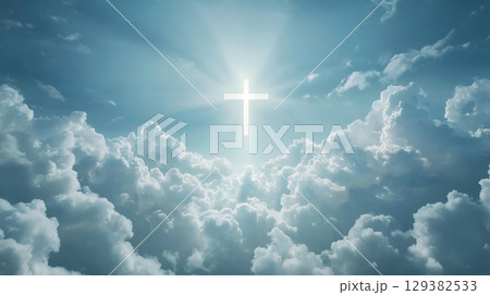 A radiant cross emerges from the clouds, symbolizing resurrection and divine presence in the sky 129382533