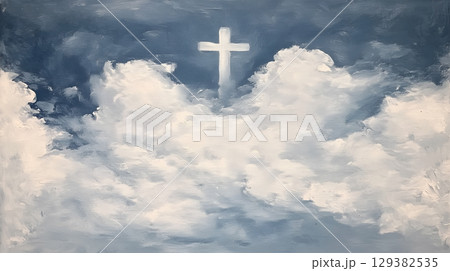 A radiant cross rising amidst clouds in the blue sky symbolizes resurrection and hope A radiant cross rising amidst clouds in the blue sky symbolizes resurrection and hope 129382535