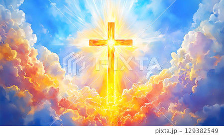 A radiant cross shining brightly in a vibrant sky symbolizes resurrection and divine presence 129382549