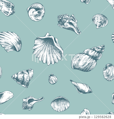 Light teal seamless pattern with scattered seashells in monochrome style, hand drawn line art illustration in black ink, ideal for nautical wrapping, fabric prints and summer themed projects. 129382628