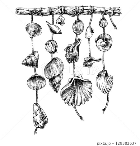 Hanging vertical composition of seashell garlands with beads in monochrome, hand drawn line art illustration, perfect for nautical decorative designs, posters, cards, and marine themed layouts. 129382637