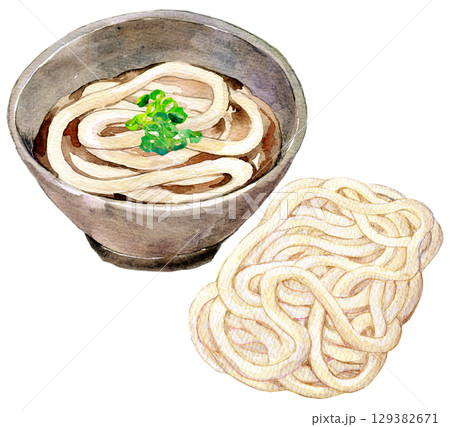 水彩イラスト　手描きイラスト　温かいうどん　冷凍うどん 129382671