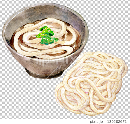 水彩イラスト　手描きイラスト　温かいうどん　冷凍うどん 129382671