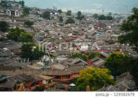 Scenic Aerial View of Lijiang Old Town Rooftops, Yunnan, China Scenic Aerial View of Lijiang Old Town Rooftops, Yunnan, China 129382679