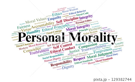 Personal Morality Word Cloud. Keywords On Integrity, Ethics, Responsibility, And Virtue Personal Morality Word Cloud. Keywords On Integrity, Ethics, Responsibility, And Virtue 129382744
