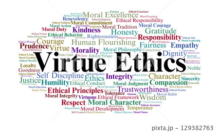 Virtue Ethics Word Cloud. Keywords About Moral Character, Integrity, And Justice Virtue Ethics Word Cloud. Keywords About Moral Character, Integrity, And Justice 129382763