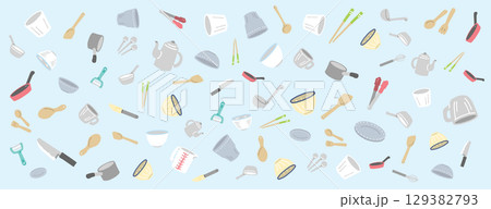 手書きのカラフルなキッチン用品と調理器具のパターン背景イラスト 129382793