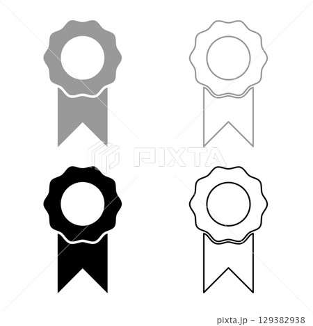 Medal with ribbon winner award prize certificate seal emblem stamp badge medallion rosette set icon grey black color vector illustration image solid fill outline contour line thin flat style 129382938
