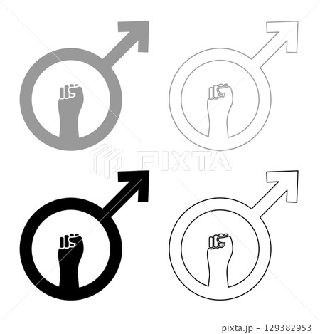 Anti feminism male symbol sign raised fist set icon grey black color vector illustration image solid fill outline contour line thin flat style Anti feminism male symbol sign raised fist set icon grey black color vector illustration image solid fill outline contour line thin flat style 129382953