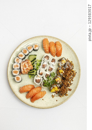sushi mixed plate moriawase meal on plate in japanese restaurant 129383017