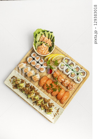 sushi mixed plate moriawase meal on plate in japanese restaurant 129383018