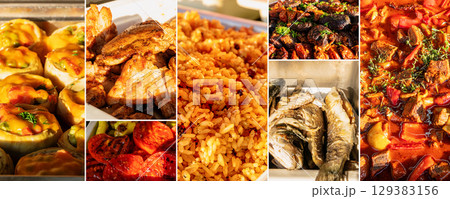 Mediterranean Cuisine Collage with Stuffed Artichokes, Fried Fish, and Pilaf Mediterranean Cuisine Collage with Stuffed Artichokes, Fried Fish, and Pilaf 129383156