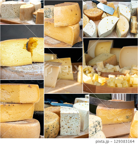 Collage of assorted cheese varieties at a market stall. Collage of assorted cheese varieties at a market stall. 129383164