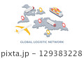 Global delivery isometry. Cargo, railway, train, plane or aircraft, ship or tanker logistic transport on a background map of the world. Delivery service global logistic. Fast delivery concept. 129383228