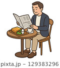 新聞を読みながらモーニングを食べる中年男性 新聞を読みながらモーニングを食べる中年男性 129383296