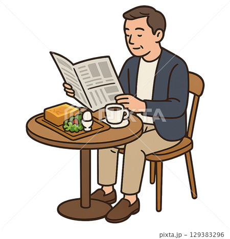 新聞を読みながらモーニングを食べる中年男性 129383296