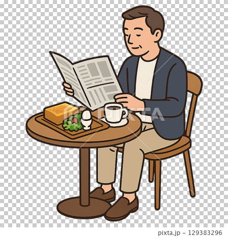 新聞を読みながらモーニングを食べる中年男性 129383296