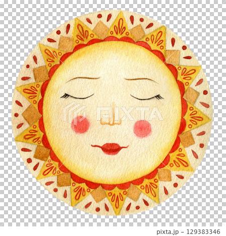 Sun. Watercolor illustration, hand drawn. Drawing for printing, postcards, stickers. Russian traditions, holiday, Maslenitsa  129383346