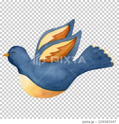 Watercolor illustration blue bird. Hand drawn isolated on white background. Drawing for postcards, stickers and scrapbooking  129383347