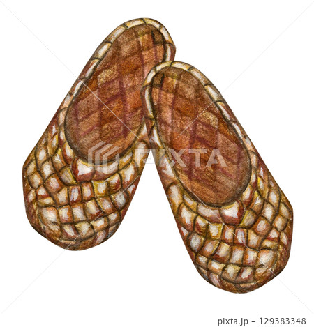 Watercolor illustration traditional slavic footwear, bast shoes. Hand drawn isolated on white background. Drawing for postcards, stickers and scrapbooking. 129383348