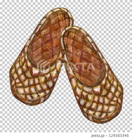 Watercolor illustration traditional slavic footwear, bast shoes. Hand drawn isolated on white background. Drawing for postcards, stickers and scrapbooking. 129383348