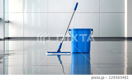 Mop and bucket placed in a clean modern office setting during daytime hours 129383481