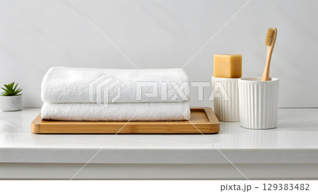 Soft white towels arranged on a wooden tray with natural bath accessories in a serene setting 129383482