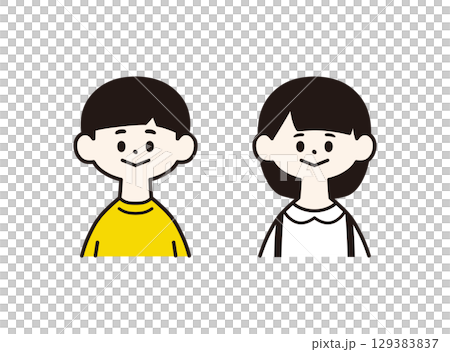Elementary school boys and girls, front upper body, simple and flat illustration Elementary school boys and girls, front upper body, simple and flat illustration 129383837