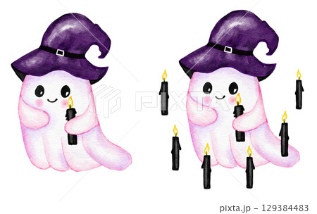 Hand drawn illustration of cute purple Halloween ghost in witch hat with trick or treat pink ectoplasm. Funny kids nursery holiday design in watercolor, creepy spooky print for children in lilac 129384483