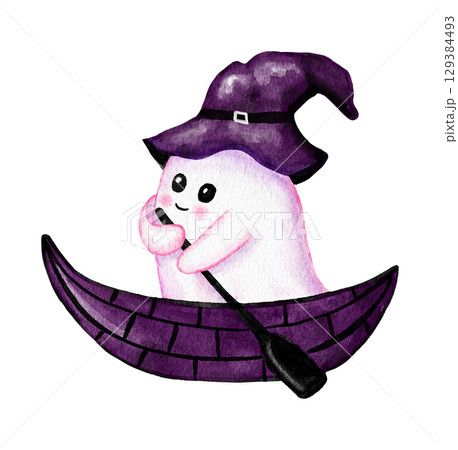 Hand drawn illustration of cute purple Halloween ghost in witch hat with trick or treat pink ectoplasm. Funny kids nursery holiday design in watercolor, creepy spooky print for children in lilac Hand drawn illustration of cute purple Halloween ghost in witch hat with trick or treat pink ectoplasm. Funny kids nursery holiday design in watercolor, creepy spooky print for children in lilac 129384493